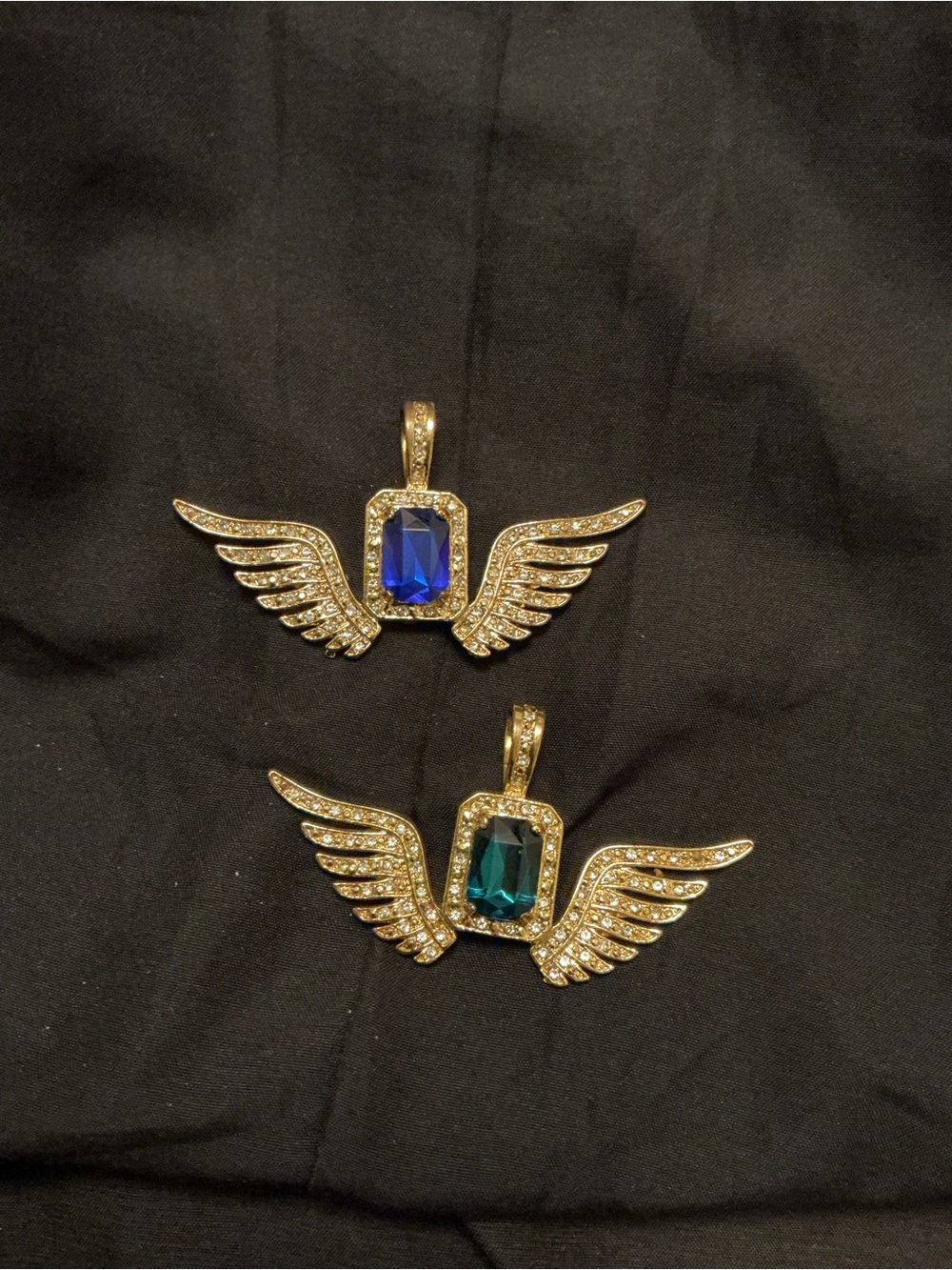 Gold Winged Pendant Necklace with Blue or Teal Stone
